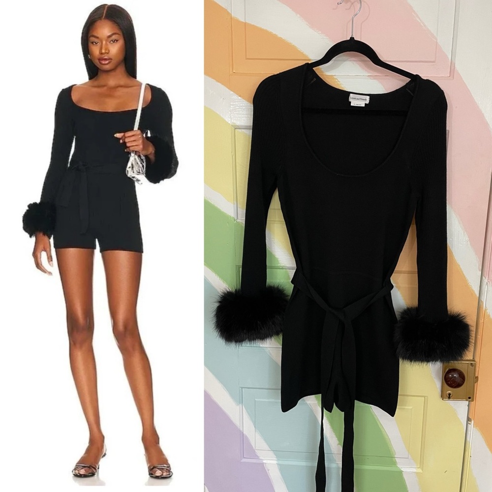 Lovers + Friends Revolve Anais Faux Fur Ribbed Romper Sz M Romy & Michele 🧡🎀